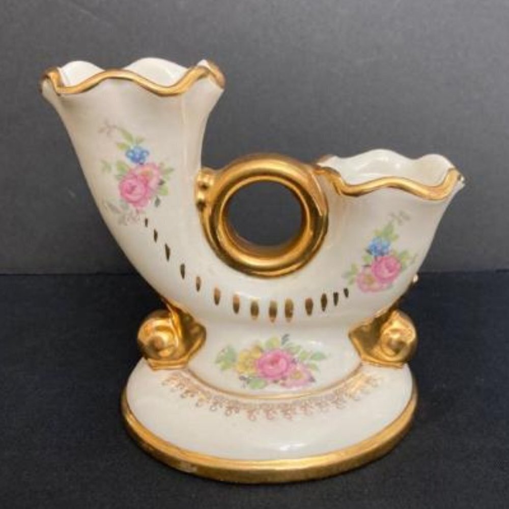 Vtg Abingdon Pottery Double Candle Stick Holder Floral Gilding Romantic